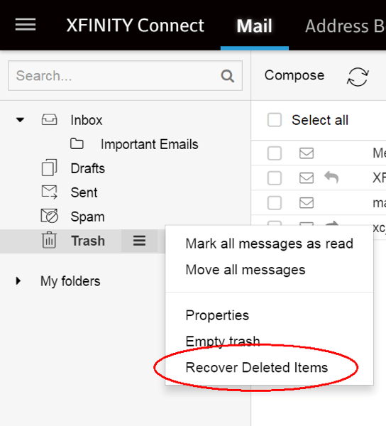 Recover Deleted Items option selected
