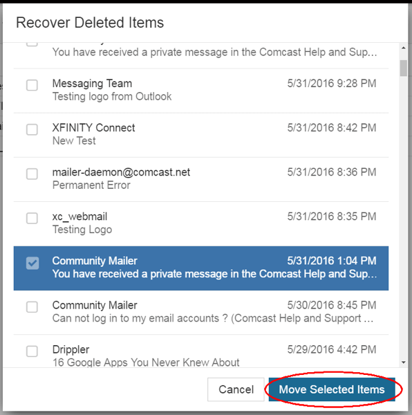 Recover Deleted Items popup window